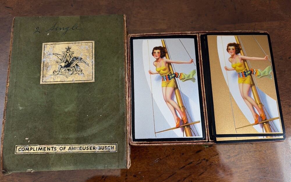 Vintage Congress Pin-Up Playing Cards 2 Deck Set Green Velvet Case Anheuser